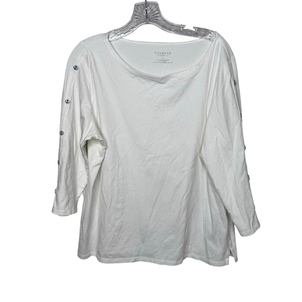 Talbots Woman 1X White Button‎ Shoulder 3/4 Sleeve Top Cotton Stretch Nautical